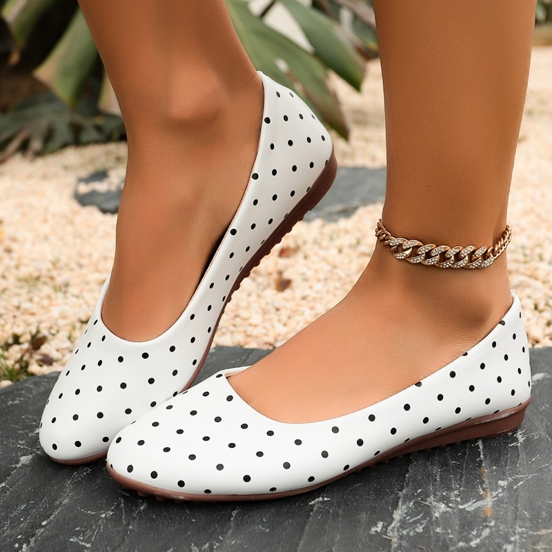 Women Shoes Wedges - Bayan Beyaz Puantiyeli Yuvarlak Burunlu 1.5CM
