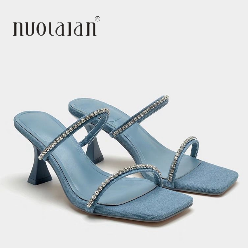 Women Shoes Jeans - Denim taklidi topuklu sandalet kadınlar katır