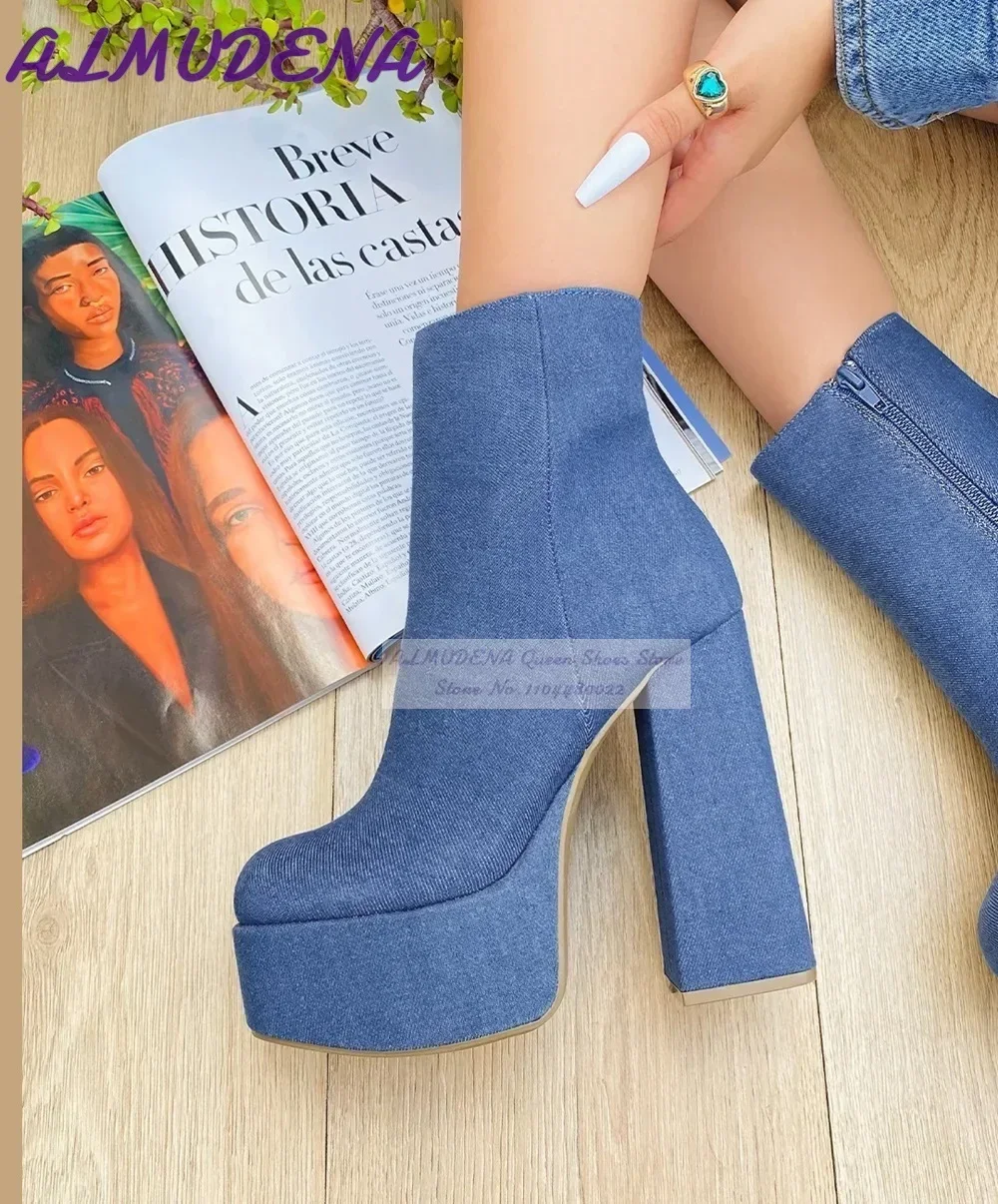 Women Shoes Jeans - ALMUDENA Mavi Denim Blok Topuklu yarım