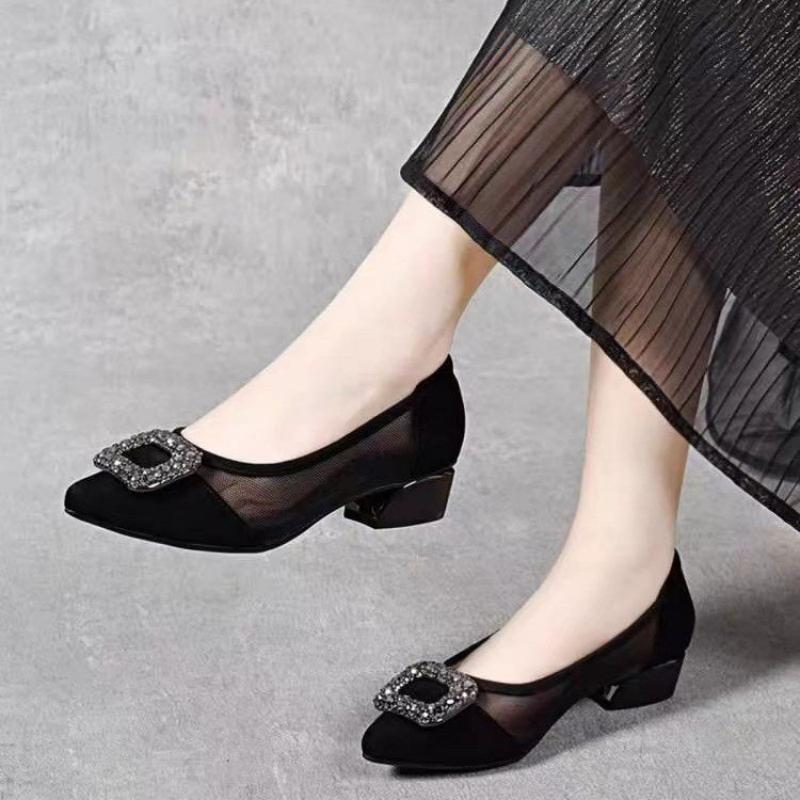 Women Shoes With Heels - Zarif Sivri Burunlu Fileli Blok Topuklu